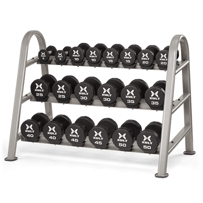 Matrix XULT 3-Tier Dumbbell Saddle Rack - 10 pair with weights on it