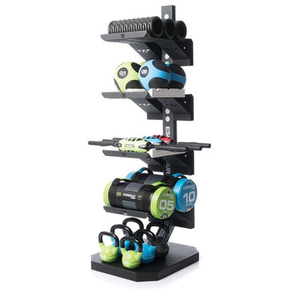 Escape Fitness Rack5 Accessory Rack shown with accessories on it